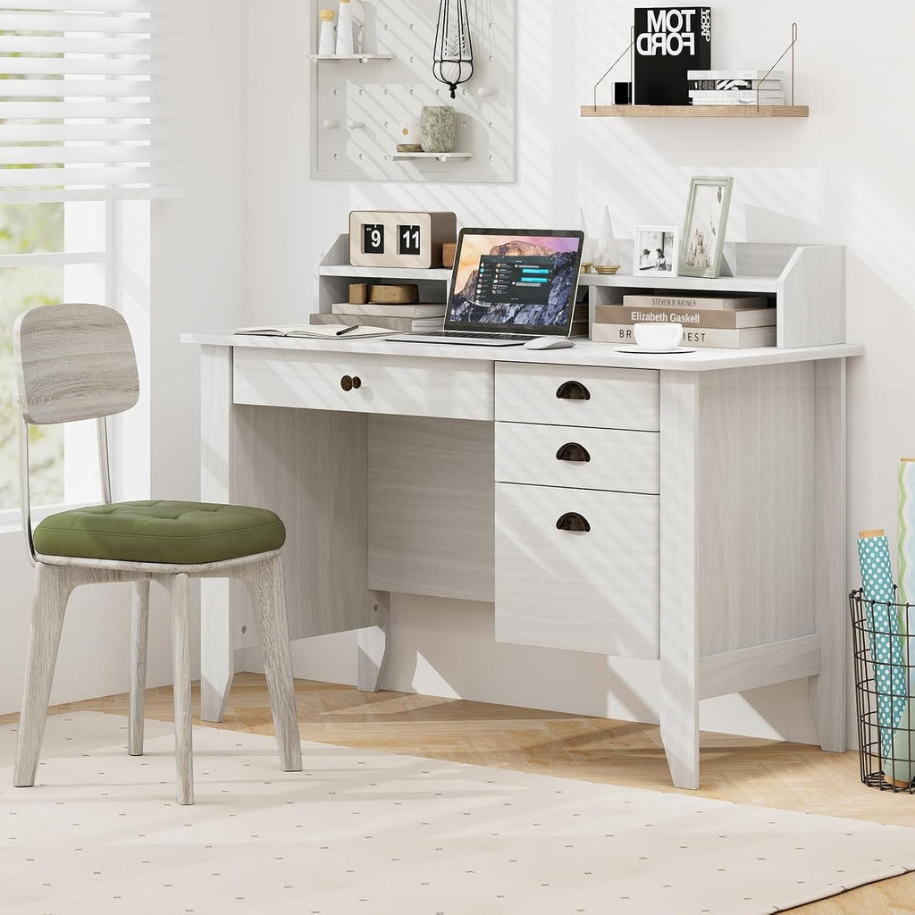 MAT EXPERT 48' Wide Computer Desk, Vintage Computer Desk with Hutch & Storage Drawer, Monitor Stand, Writing Workstation, Waterproof Laptop Table Gaming Desk for Study, Office, Bedroom (White)