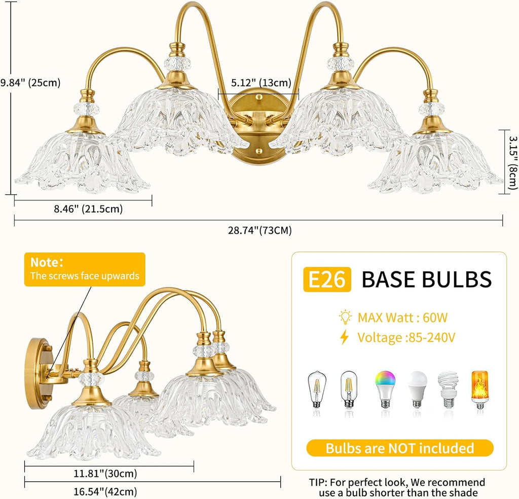Gold Bathroom Vanity Light, 4-Light Brushed Gold Finish Vanity Light with Floral Clear Glass Shades, Vintage Wall Mount Lighting for Bathroom, Dressing Table