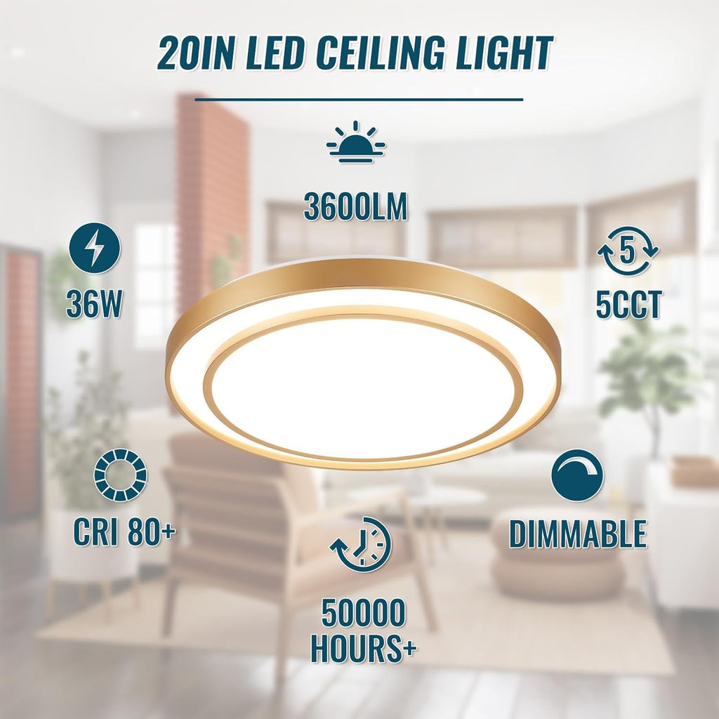 2Pack 20' LED Flush Mount Ceiling Light Fixture Gold, 36W Dimmable Light Fixture Ceiling Mount Round Overhead, Modern Close to Ceiling Light for Living Room, Foyer, Kitchen, Bedroom