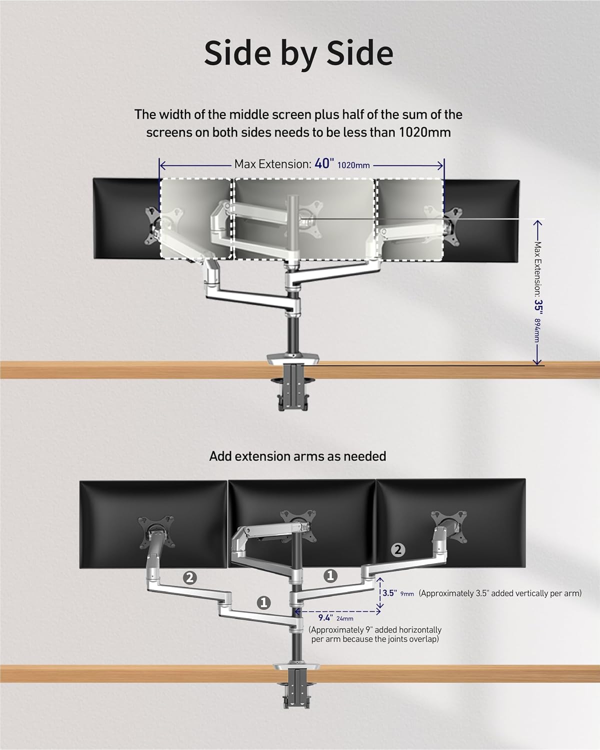 Ergounion Heavy Duty Triple Monitor Mount, Mechanical Spring 3 Monitor Arm for Ultrawide & Curved Screens, Fits Three 13-40 Inch Displays up to 25 lbs Per Arm, Premium Aluminum VESA Stand, Silver
