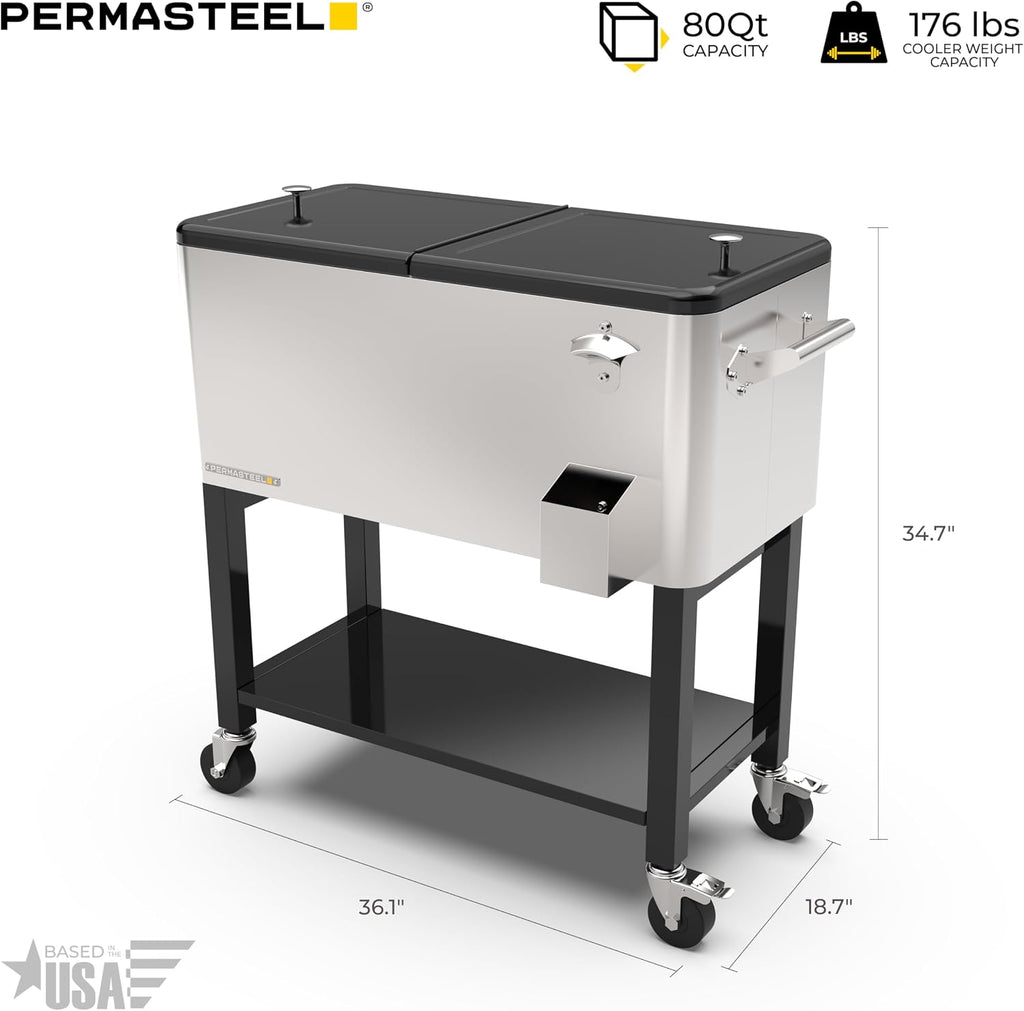 Permasteel Party Cooler with Divider, Removable Basin, Spacious 80-Qt Capacity, Chills 36hrs, Serving Tray, Rolling Ice Chest for Indoor & Outdoor