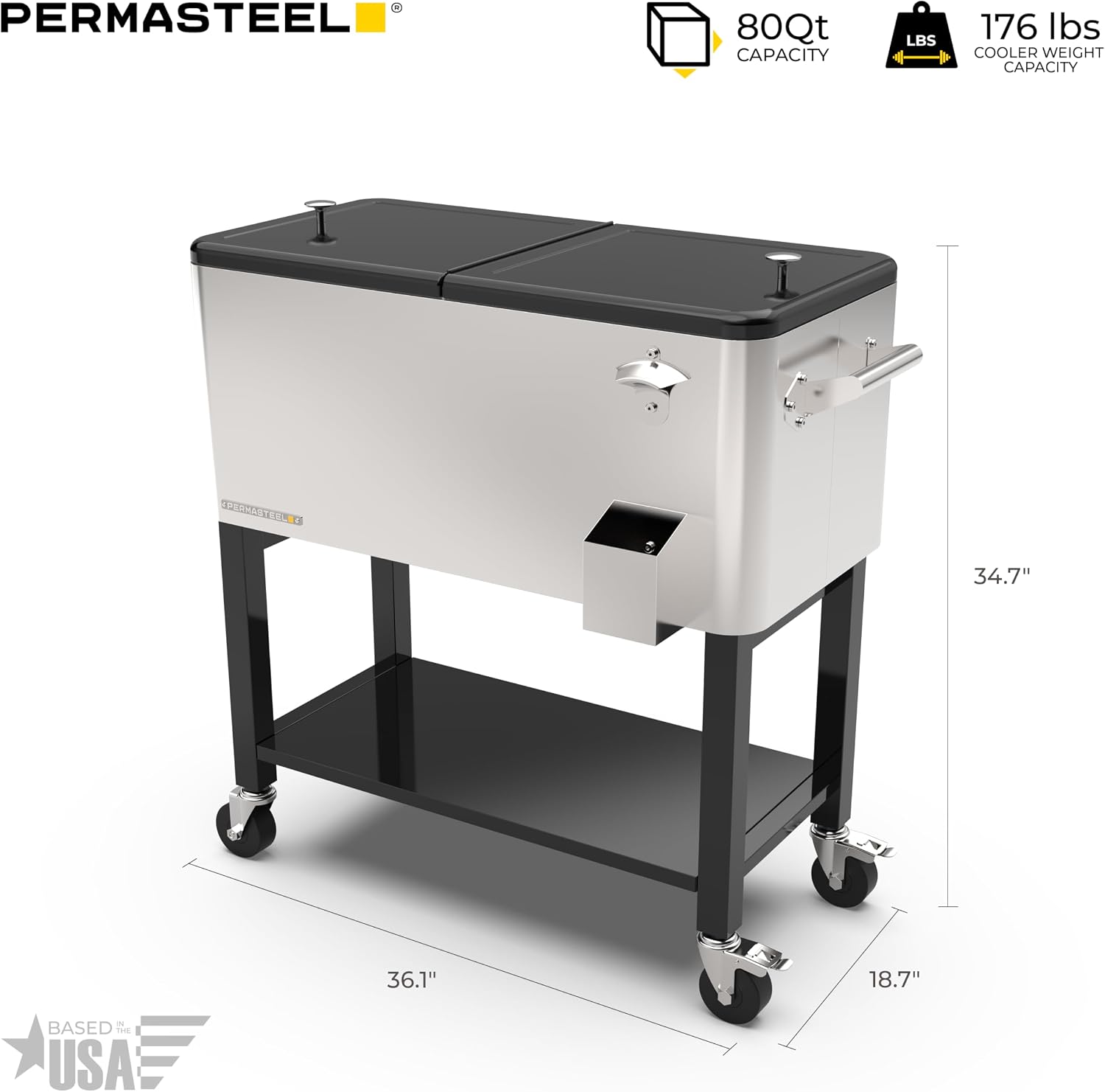 Permasteel Party Cooler with Divider, Removable Basin, Spacious 80-Qt Capacity, Chills 36hrs, Serving Tray, Rolling Ice Chest for Indoor & Outdoor
