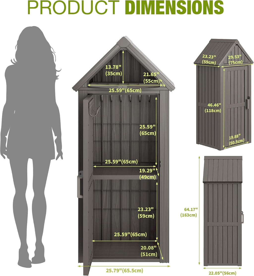 Outdoor Storage Shed – Sturdy Resin with Sloping Roof and Lockable Door, Waterproof Storage Cabinet with Ample Space, Multiple Hooks for Backyard, Garden, Patio & Lawn, Grey