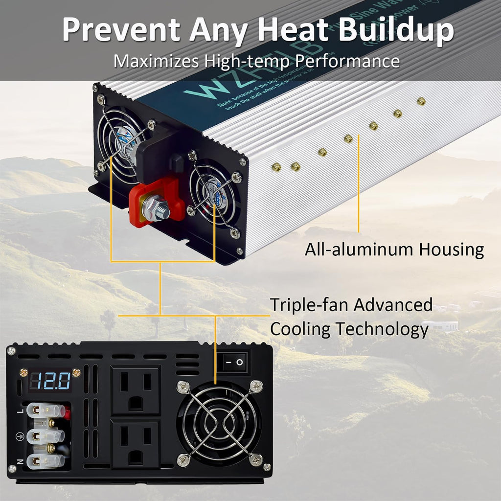 WZRELB 3500W Pure Sine Wave Inverter 12V DC to 110V 120V AC with LED Display,Remote Controller,Off-Grid Power Converter 7000W Surge with Dual AC Outlets, Hardwire Terminal for Home, RV, Truck, Camping