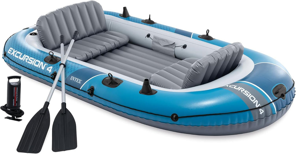 INTEX 66324EP Excursion 4 Inflatable Boat Set: Includes Deluxe 54in Aluminum Oars and High-Output Pump – Adjustable Seats with Backrest – Fishing Rod Holders – 4-Person – 1100lb Weight Capacity