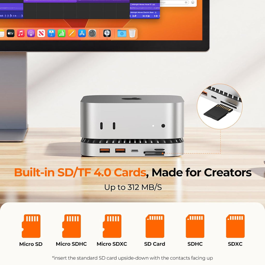 40G Mac mini M4 Dock & Stand with 8T NVMe SSD Enclosure, 11-in-1 USB 4 Mac mini Hub with 2X USB-A 3.2 10Gbps, USB-C 3.2 10Gbps, SD/TF 4.0, 65W Power Adapter, 8K DP Video Interface, 3.5mm Audio