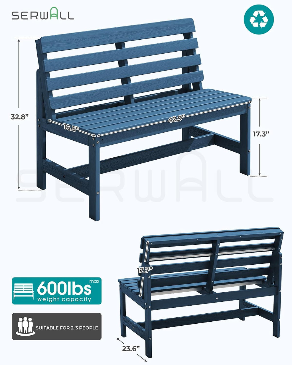 SERWALL Outdoor Bench, All Weather HDPE Outdoor Benches, 2-Person Armless Porch Bench with 600 lbs Weight Capacity, Patio Benches for Outdoors, Porch, Park and Dining, Navy
