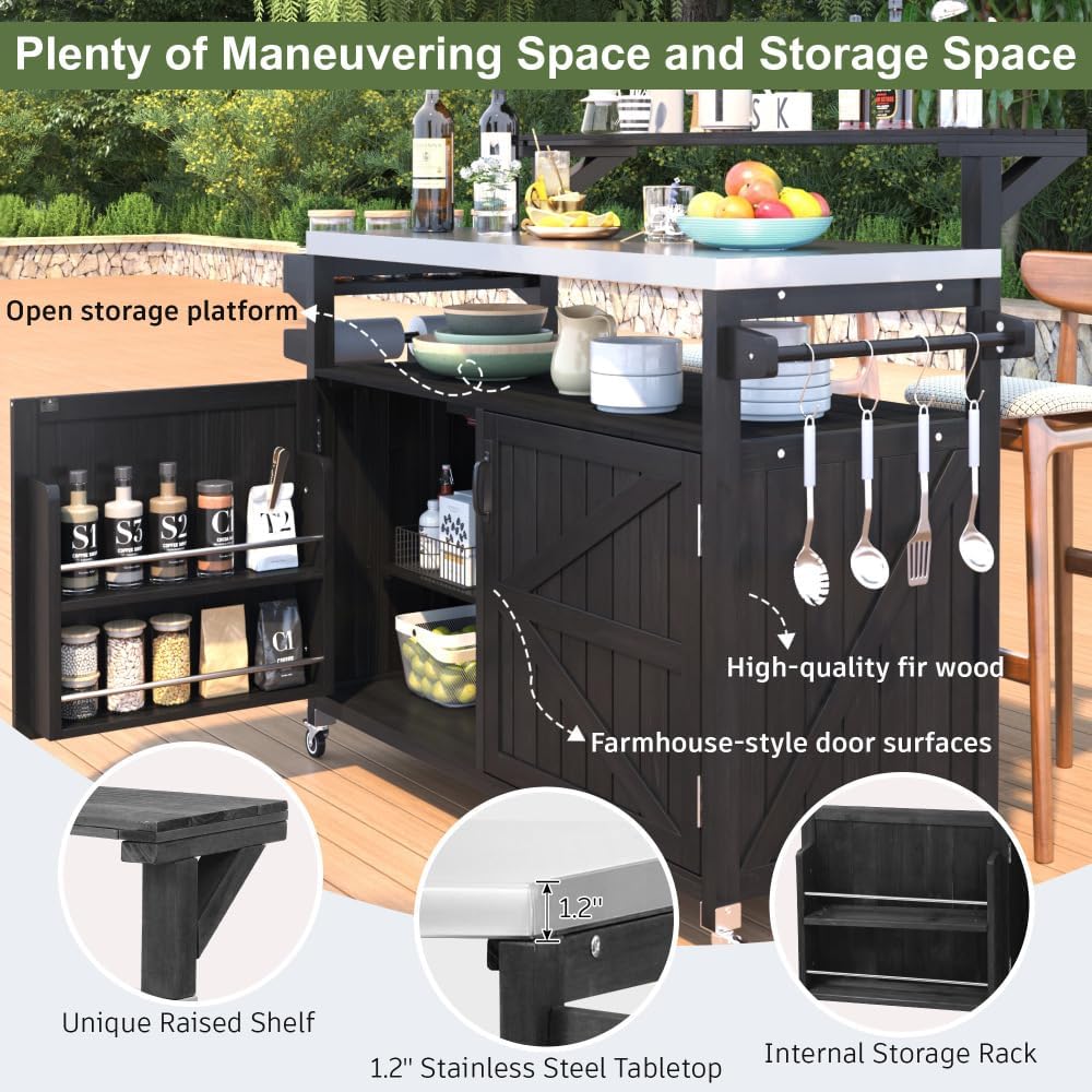 53.3' Outdoor Kitchen Island with Raised Shelf, Solid Wood Storage Cabinet with Stainless Steel Top, Outdoor Rolling Grill Cart with Internal Storage Rack, Adjustable Shelf, Spice Rack (Black)