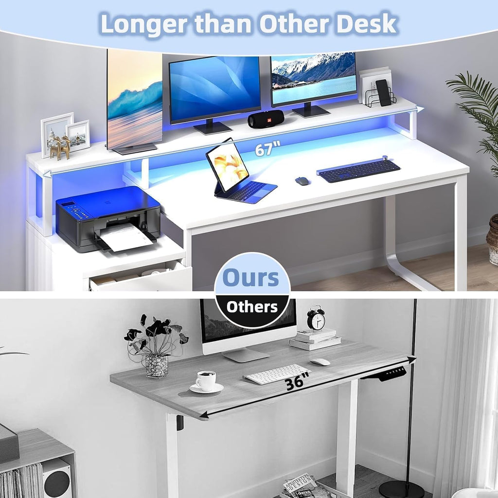 MaverickFurni 67' White Desk with Drawers, Reversible Computer Desk with Moniter Stand and LED Lights, Home Office Desk with Printer Shelf, White