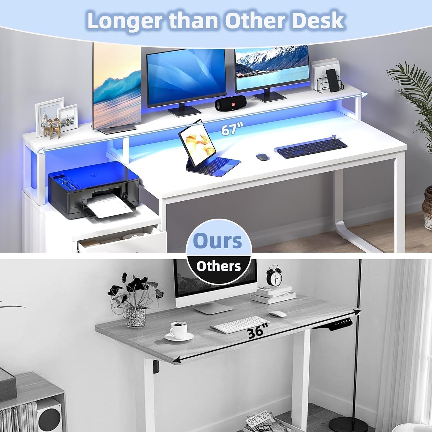MaverickFurni 67' White Desk with Drawers, Reversible Computer Desk with Moniter Stand and LED Lights, Home Office Desk with Printer Shelf, White