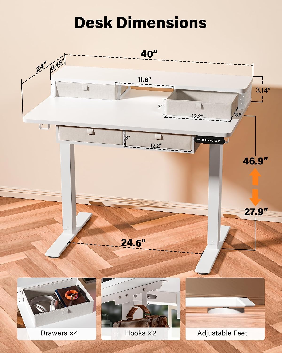FiCiHi Electric Standing Desk with Four Drawers, 40 x 24 Inch Adjustable Height Sit Stand Desk, C-Clamp Compatible Home Office Desk with Storage Shelf & Monitor Stand Riser, White