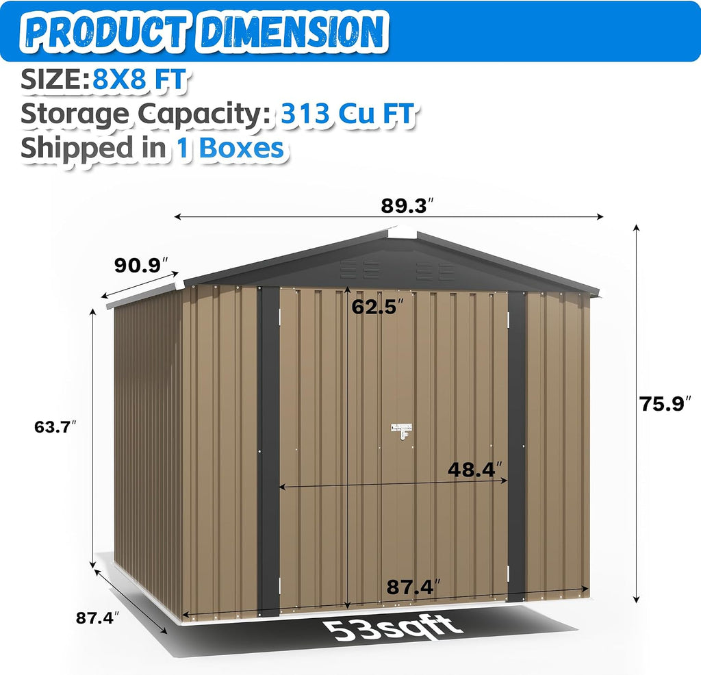 Greesum 8x8FT Outdoor Storage Shed, Utility Tool Shed with Sloping Roof, Metal Storaged Garden Shed with Door & Lock for Patio Storage, Brown