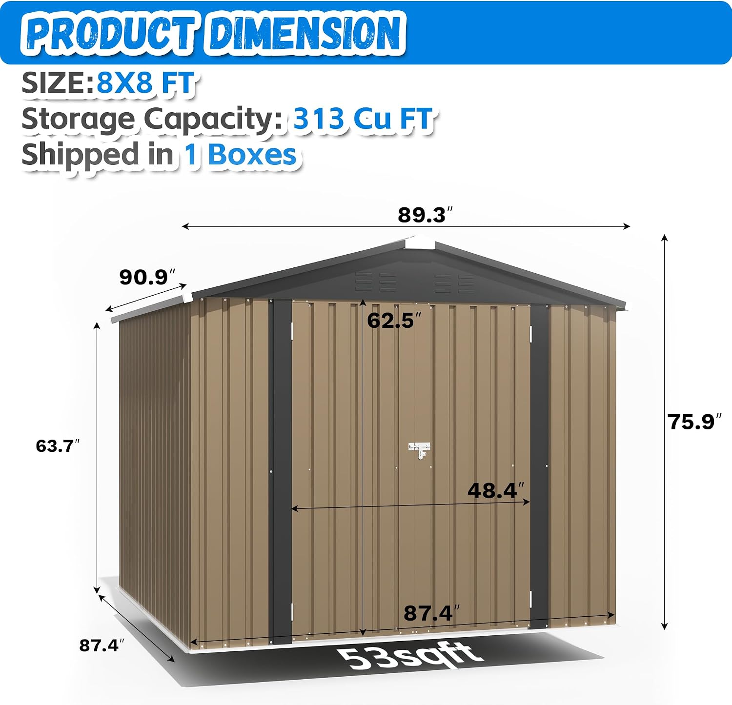 Greesum 8x8FT Outdoor Storage Shed, Utility Tool Shed with Sloping Roof, Metal Storaged Garden Shed with Door & Lock for Patio Storage, Brown