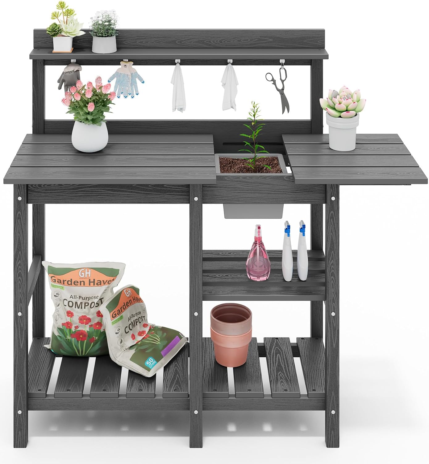 SERWALL Outdoor Potting Bench with Removeable Sink,Rot-Resistant HDPE Potting Table for Outside Gardening, All Weather Use - Gray