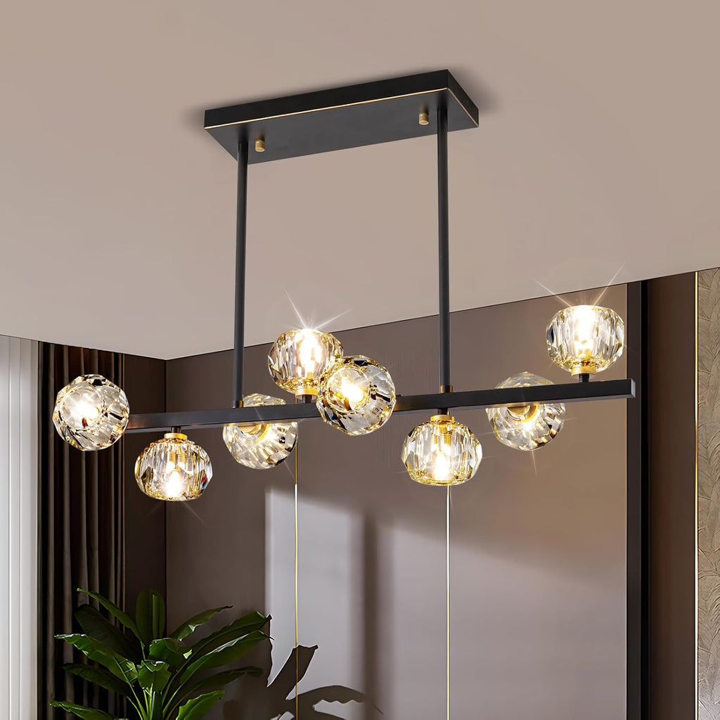Modern Crystal Chandelier Dining Room Light fixtures Black Chandeliers with Crystal Ball Shade 8-Lights Industrial Globe Hanging Pendant Lighting for Kitchen Island,Living Room,Dining Room