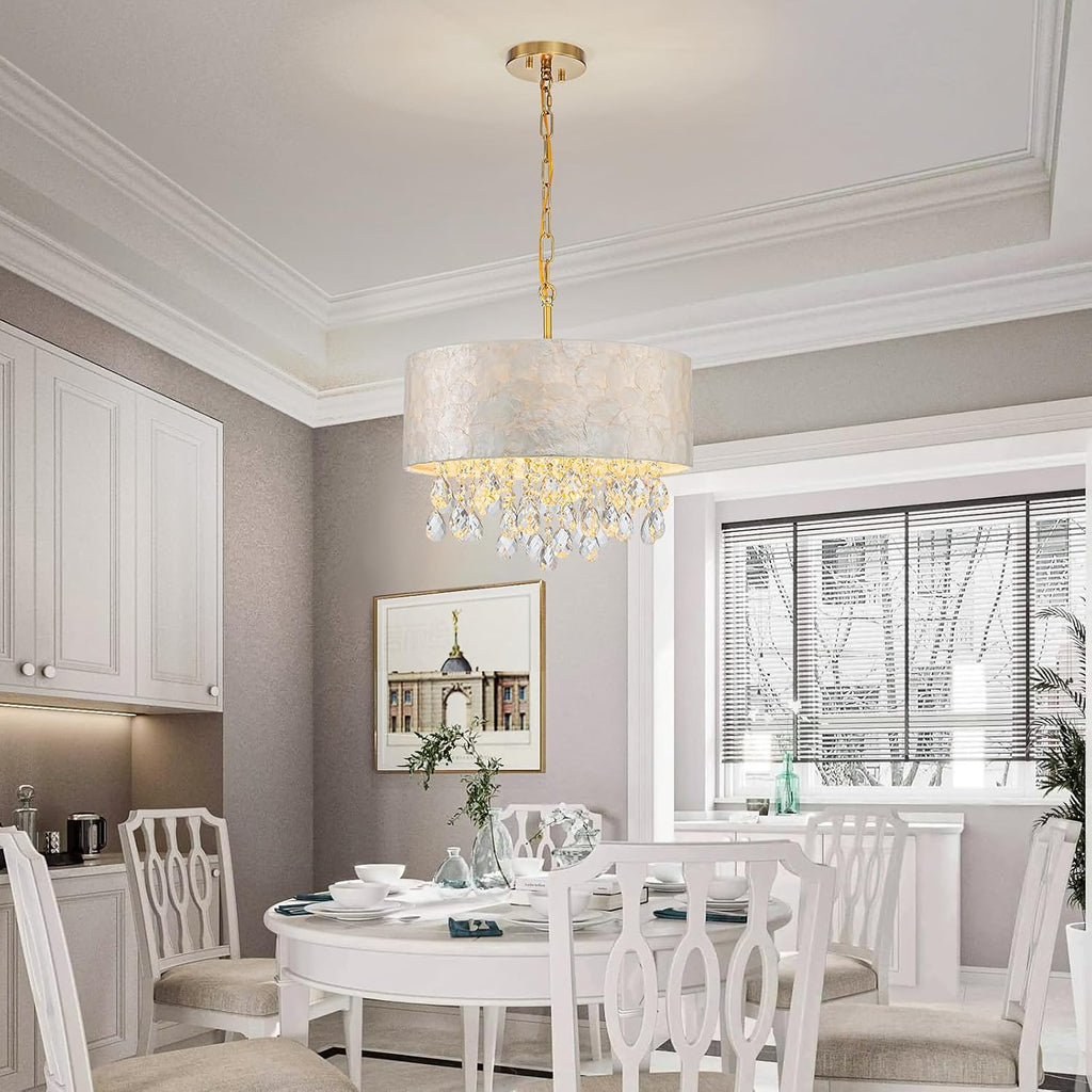 LumFurn D16in Drum Capiz Shell Crystal Chandeliers, 4-Light Coastal Style Pendant Light Fixture for Dining Room, Living Room, D16x20~67'(Adjustable), Shell Lampshade, K9Crystal & Gold Finish