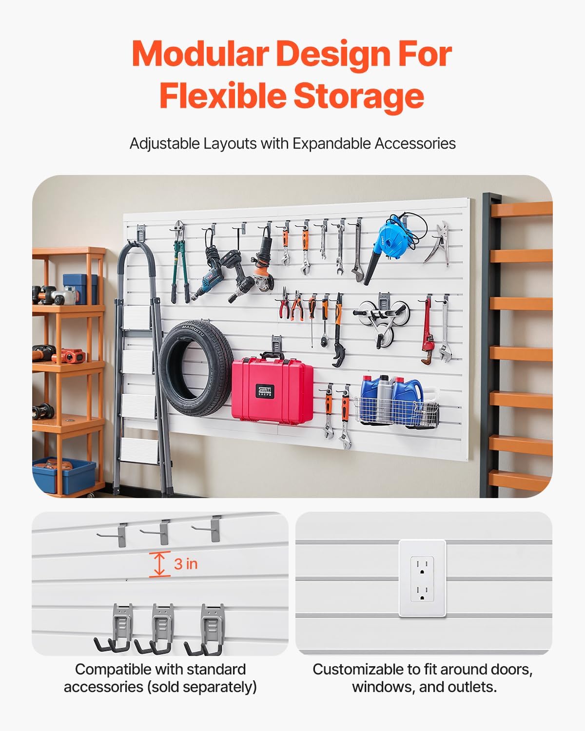 VEVOR Slat Wall Paneling, 8 x 4 ft, PVC Garage Slatwall with Accessories, White Slat Wall Easy-to-Install Adjustable Slatwall Panel with Coupling Structure & DIY Cutting, Fits for Storage & Display