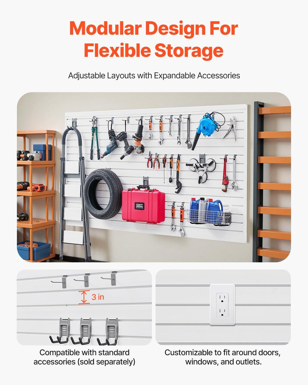 VEVOR Slat Wall Paneling, 8 x 4 ft, PVC Garage Slatwall without Accessories, White Slat Wall Easy-to-Install Adjustable Slatwall Panel with Coupling Structure & DIY Cutting, Fits for Storage & Display