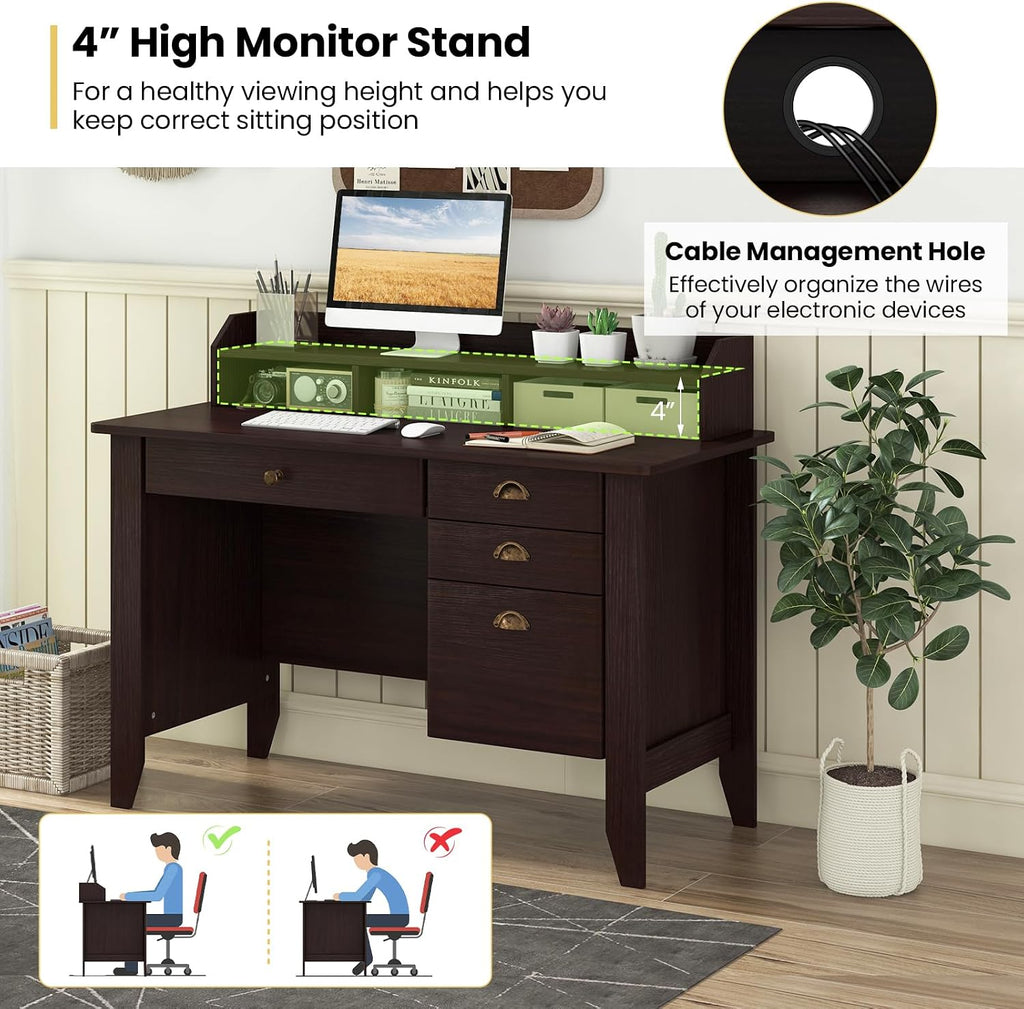 48' Vintage Computer Desk with 4 Storage Drawers & Top Hutch, Home Office Workstation with Drawer & Monitor Stand, Wooden Study Work Writing Table (Brown)