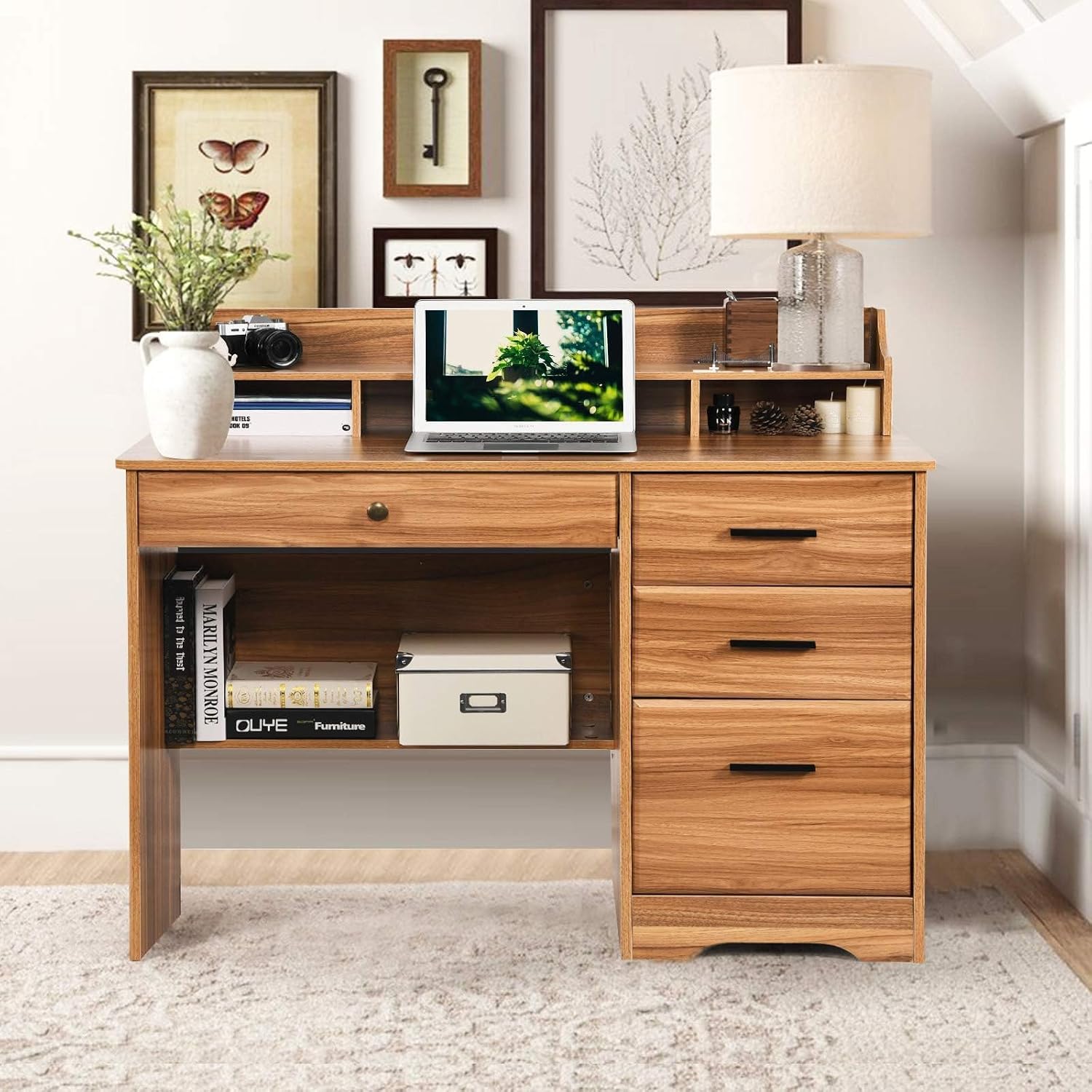 Catrimown Computer Desk with 4 Drawers and Hutch, Home Office Desk with File Drawer, 44' Rustic Oak Wood Desk, Study Table for Bedroom, Rustic Oak