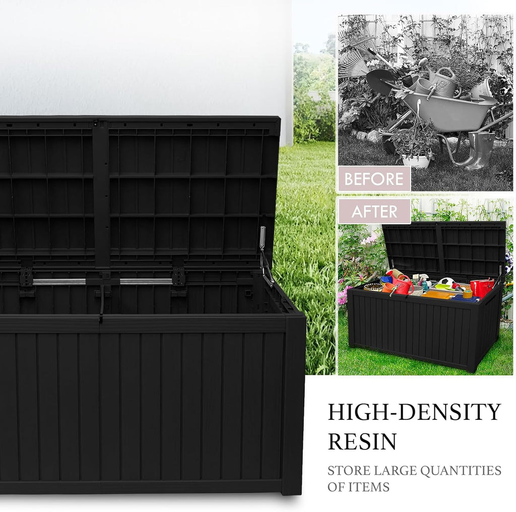 AJP Distributors Outdoor Storage Shed, Large Resin Storage Box, Waterproof and lockable, suitable for garden, patio, garage, backyard storage (Blcak, 180gal)