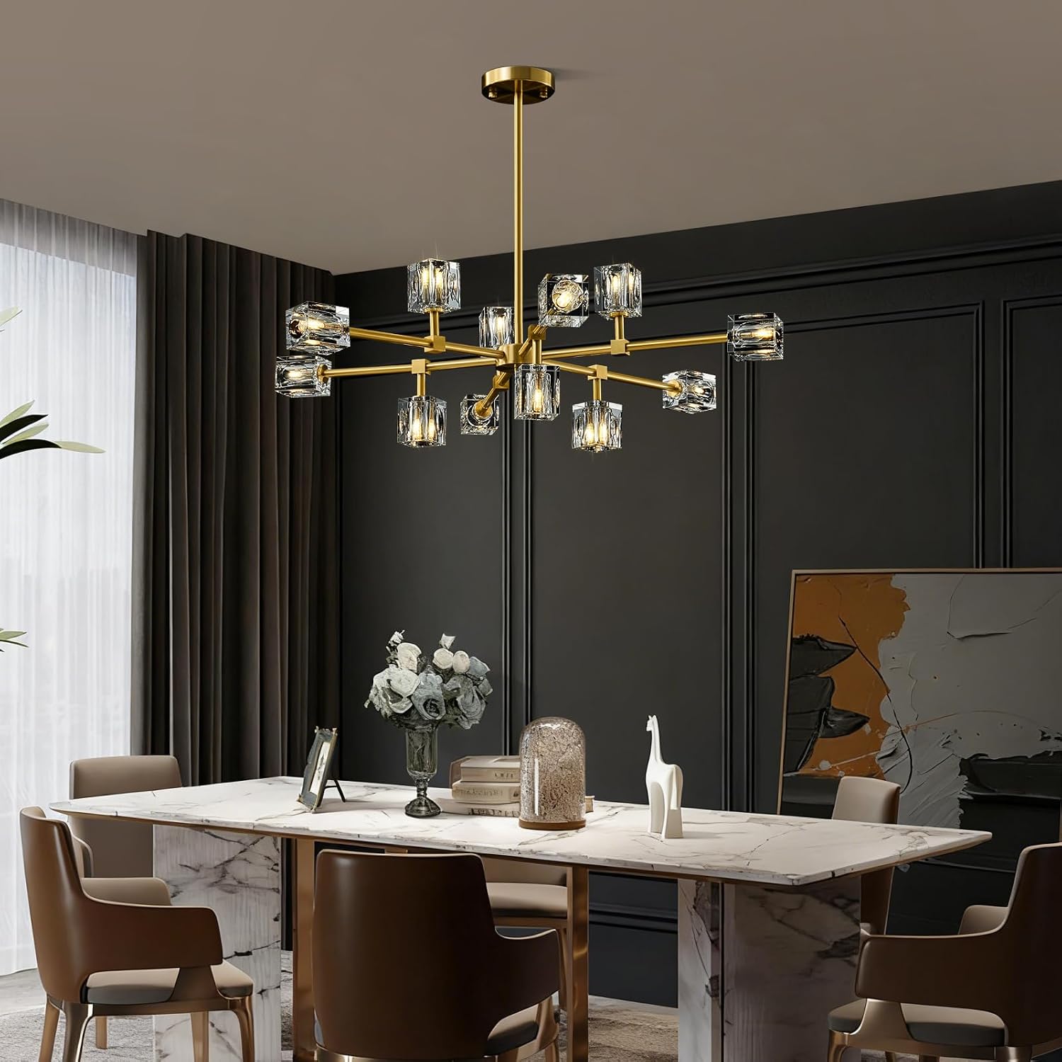 Modern Sputnik Crystal Kitchen Chandelier - Luxury Elegant 12 Light Adjustable Height Pendant Lighting Ceiling Fixture - Gold Brushed Brass Chandeliers for Dining Room Living Room Island Table Bedroom