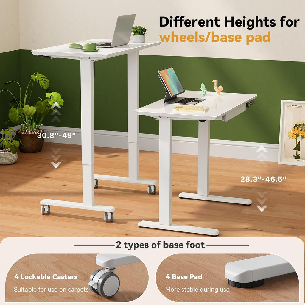 Gibbon Mounts Glass Standing Desk with Drawer, 35×20Inch Whole Piece Height Adjustable Rising Desk, Electric Sit Stand Desk with Wheels, Small Computer Desk, White