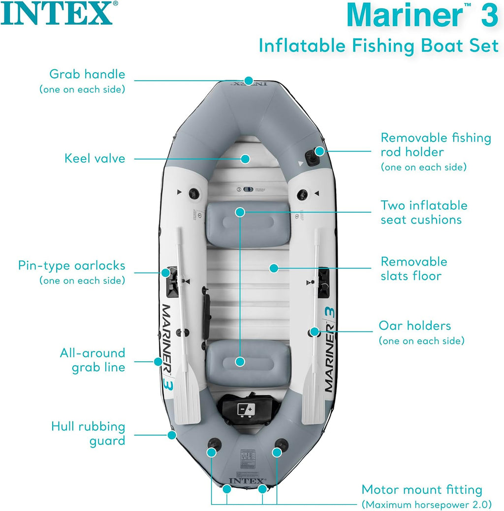 INTEX Mariner Inflatable Boat Series: Includes Deluxe Boat Oars and High-Output Pump – SuperTough PVC – Wear-Resistant Keel – Removable Fishing Rod Holders – Heavy Duty Grab Handle