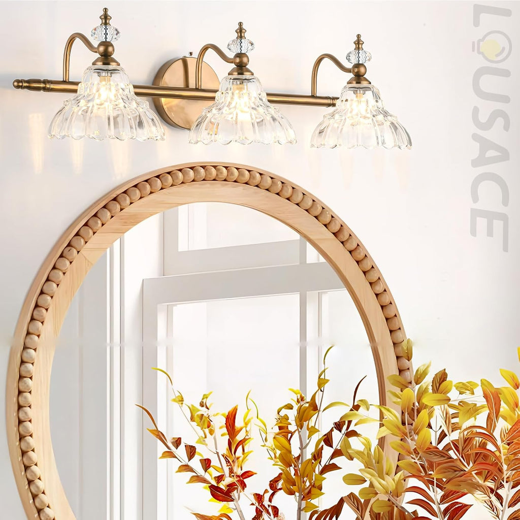 LOUSACE 3-Light Gold Vintage Bathroom Vanity Lights, Antique Brass Bathroom Light Fixture Over Mirror, Retro Brass Vanity Lighting Fixtures with Crystal Glass Shade, Restroom Wall Light Fixture