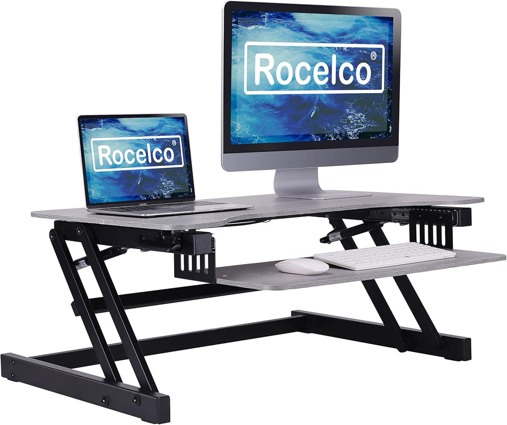 Rocelco 37.5' Deluxe Height Adjustable Standing Desk Converter - Quick Sit Stand Up Dual Monitor Riser - Gas Spring Assist Computer Workstation - Large Retractable Keyboard Tray - Gray (R DADRG)