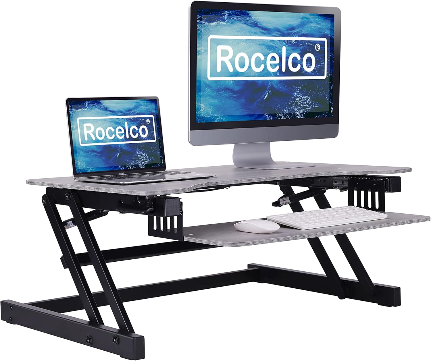 Rocelco 37.5' Deluxe Height Adjustable Standing Desk Converter - Quick Sit Stand Up Dual Monitor Riser - Gas Spring Assist Computer Workstation - Large Retractable Keyboard Tray - Gray (R DADRG)