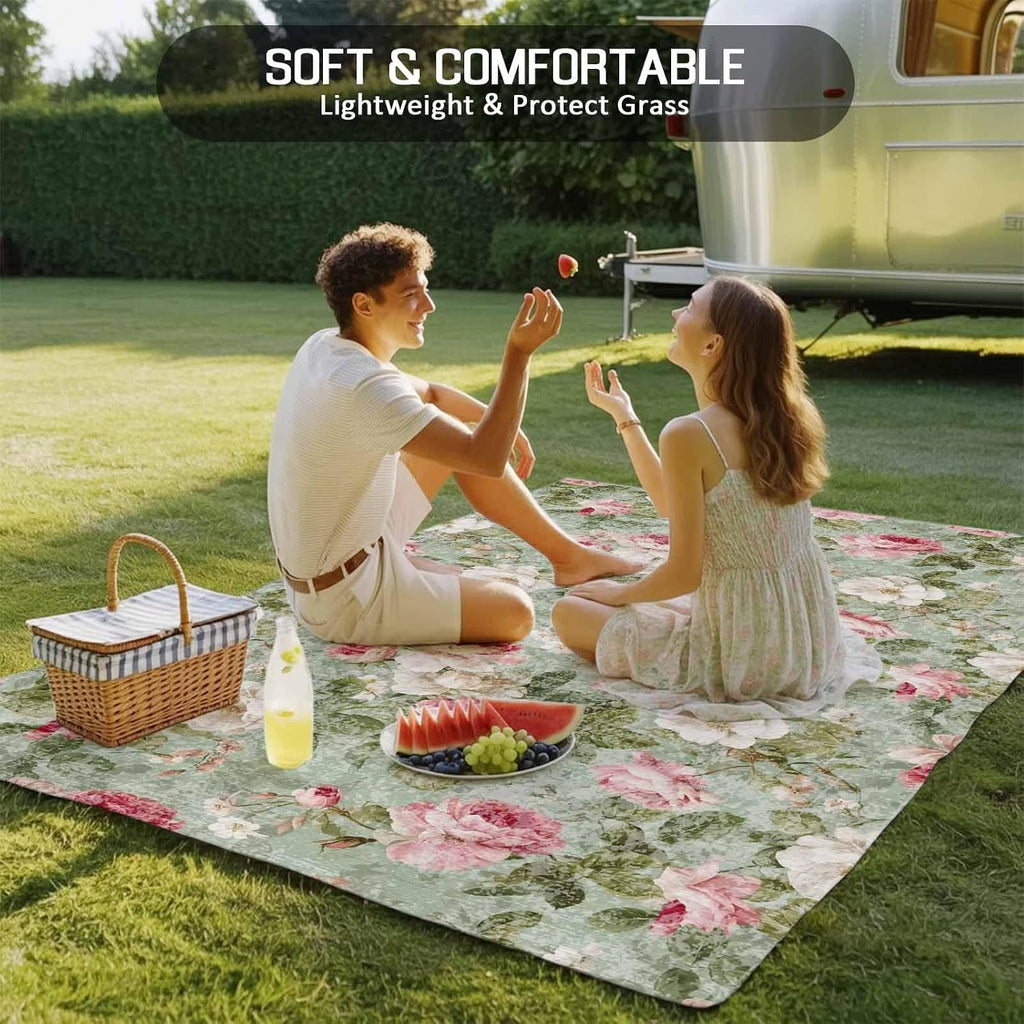 White Pink Flower Outdoor Rug for Patio/Deck/Porch, Non-Slip Large Area Rug 6 x 9 Ft, Shabby Chic Spring Vintage Leaf Green Indoor Outdoor Rugs Washable Area Rugs, Reversible Camping Rug Carpet Runner