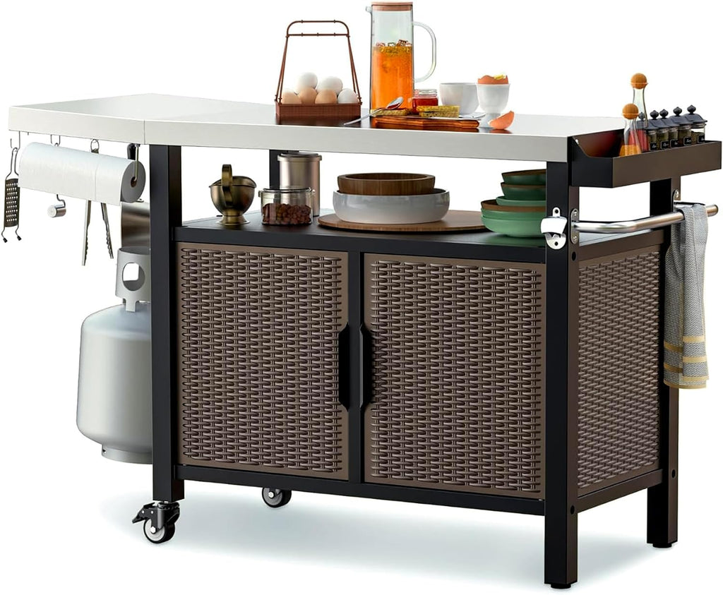 onlyfire 53-Inch Rolling Kitchen Island Cart with XL Stainless Steel Top & Rattan Texture Cabinet, Heavy-Duty Outdoor Dining Cart with Side Shelf, Propane Tank Holder, Spice Rack, Wheels for Patio