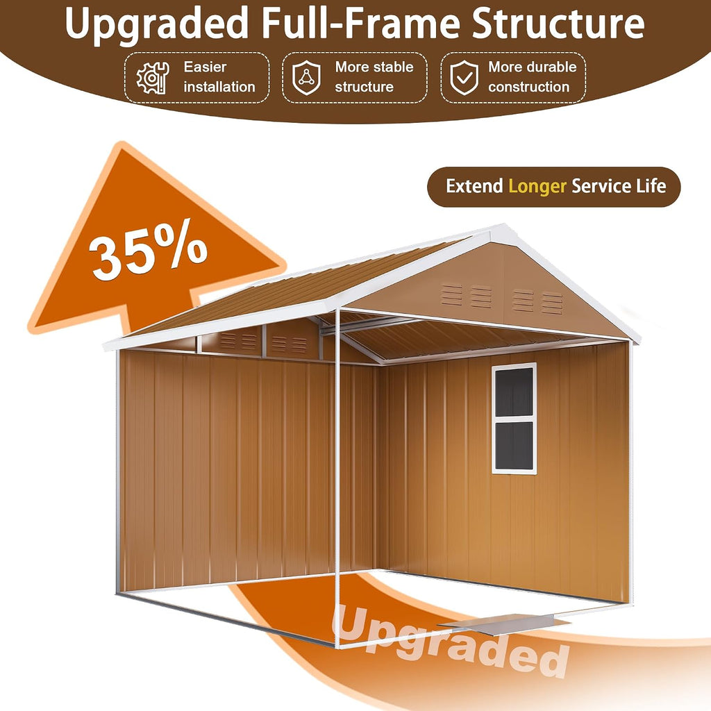 6x4 FT Heavy-Duty Outdoor Metal Storage Shed with Windows, Lockable Door & Ventilation, Weatherproof Garden Shed for Backyard, Lawn Mower, and Tool Organization (Brown, 6X4 FT)