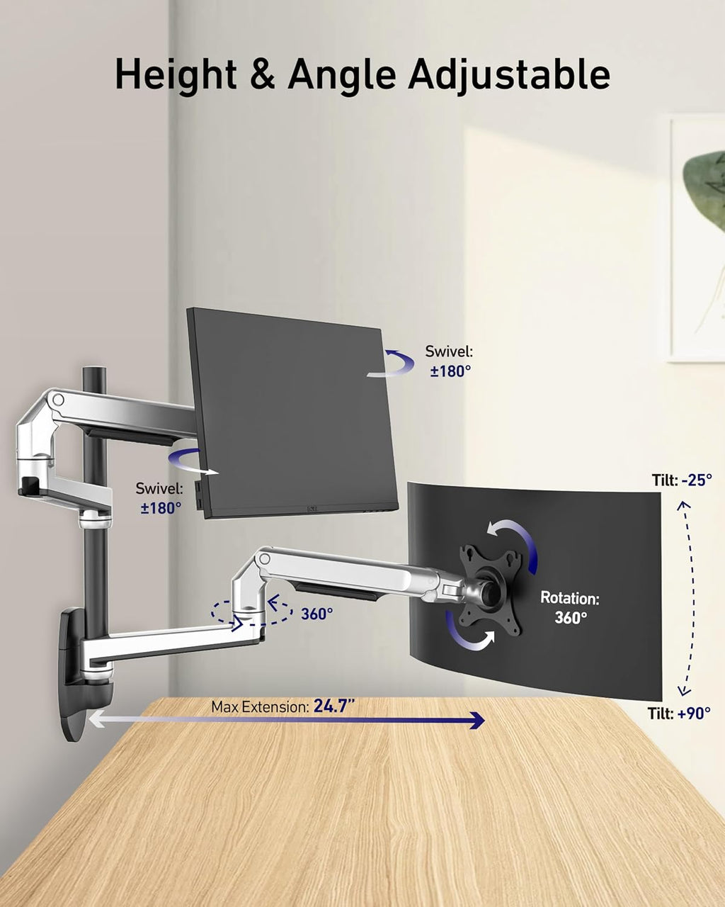Ergounion Dual Monitor Wall Mount for Flat or Curved Screens up to 38' Within 25 lbs, Adjustable Monitor Arm with Cable Management, VESA 75x75/100x100mm Monitor Mount for 2 Monitors, Silver