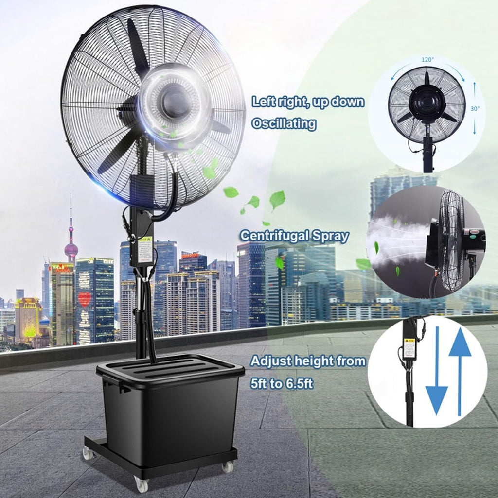 25.6in Outdoor Misting Pedestal Fan, Industrial Cooling Spray Fan, Portable 4 Wheels Adjustable Height, 3 Speeds,120° Oscillation, 11 Gal Bucket, powerful(25.6in)
