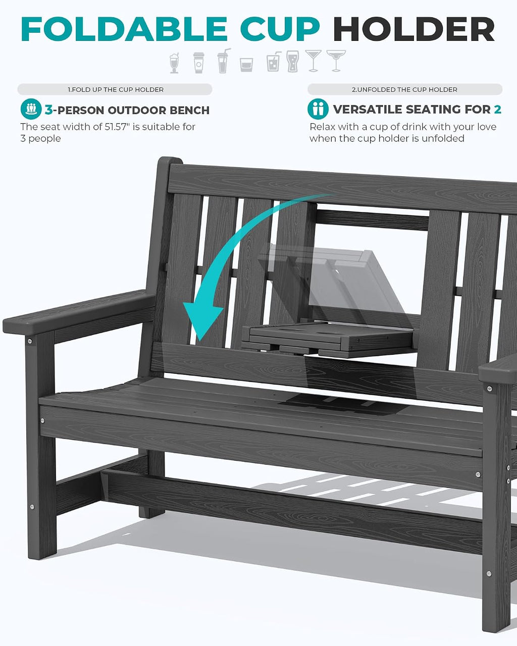 SERWALL Outdoor Bench with Cup Holder, 58' HDPE Garden Park Bench Suitable for 3 Person, All Weather Patio Benches with High Backrest and Wide Armrests for Garden, Park, Yard, Front Porch, Grey