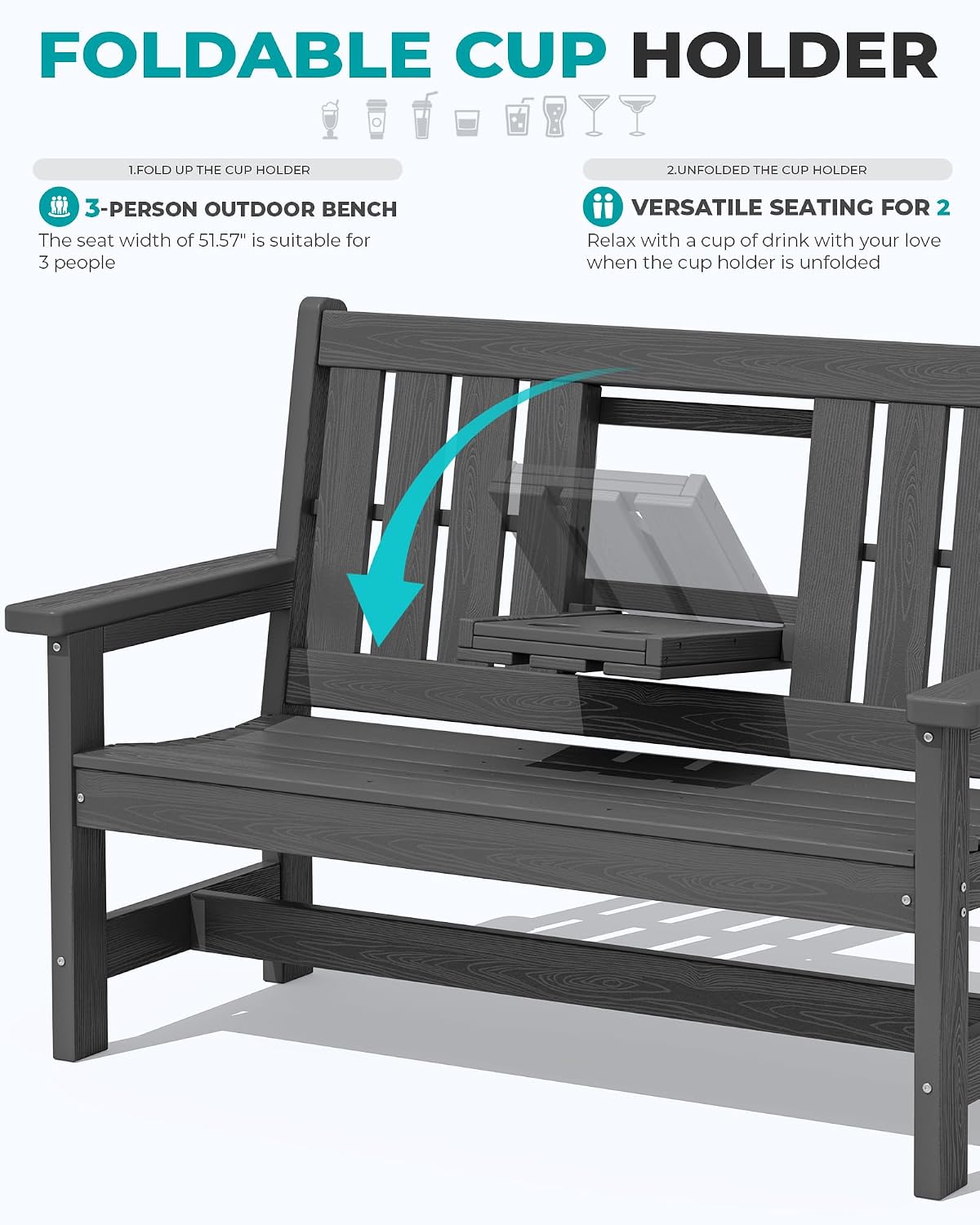 SERWALL Outdoor Bench with Cup Holder, 58' HDPE Garden Park Bench Suitable for 3 Person, All Weather Patio Benches with High Backrest and Wide Armrests for Garden, Park, Yard, Front Porch, Grey