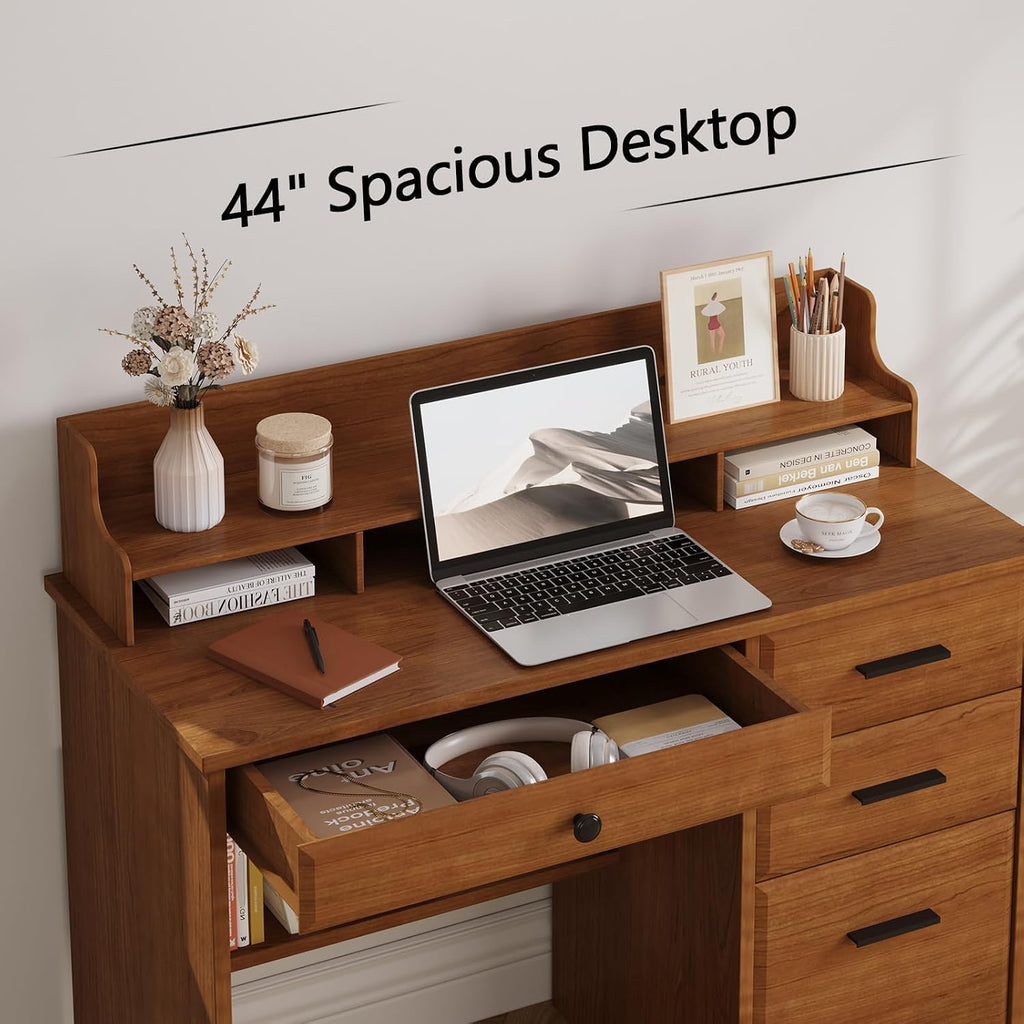 4 EVER WINNER Small Desk with Drawers for Small Spaces, 44'' Wood Desk with File Drawer & Monitor Stand, Office Desks Writing Study Table for Bedroom, Living Room, Brown