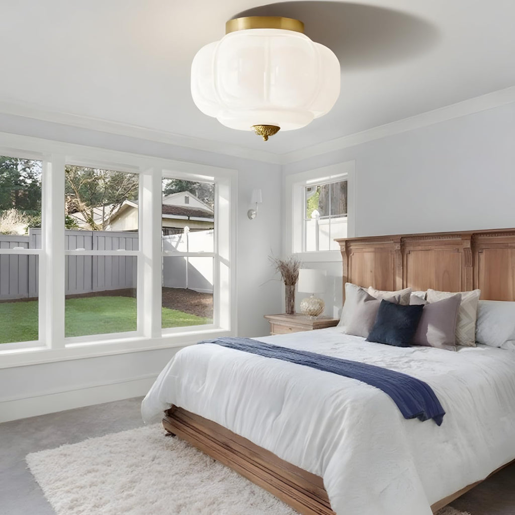 Bofea-Modern Semi Flush Mount Ceiling Light,Brass Gold Ceiling Light with Milk Glass Shade,Farmhouse Kitchen Lighting Fixtures Ceiling, LED Lights for Bedroom Schoolhouse Laundry Room