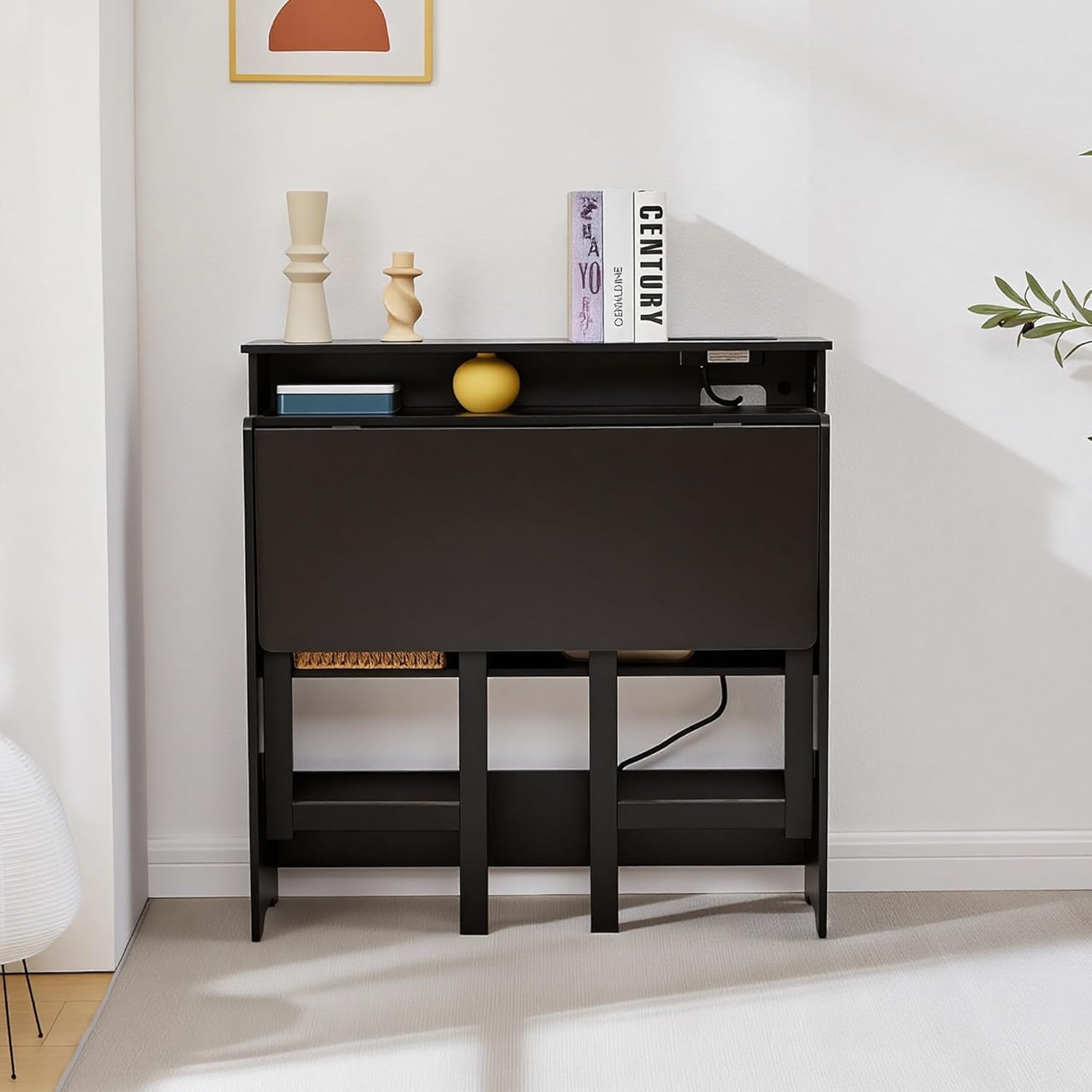 Folding Desk with Charging Station,Fold Out Desk with Monitor Stand,Storage Shelf,Small Foldable Computer Desk for Compact Home Office Spaces (Black)