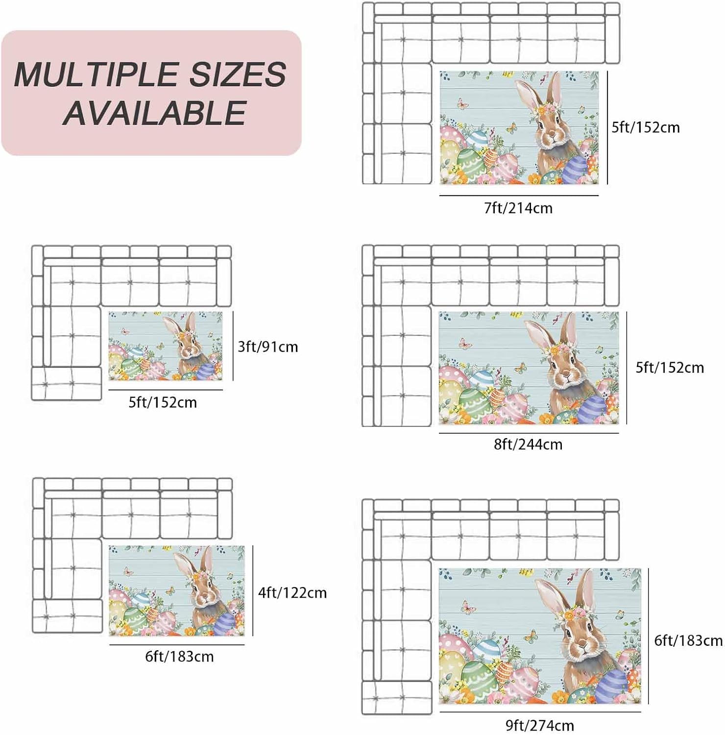 Easter Bunny Outdoor Rug for Patio/Deck/Porch, Non-Slip Large Area Rug 5 x 8 Ft, Colorful Easter Eggs Eucalyptus Teal Wooden Indoor Outdoor Rugs Washable Area Rugs, Camping Rug Carpet Runner