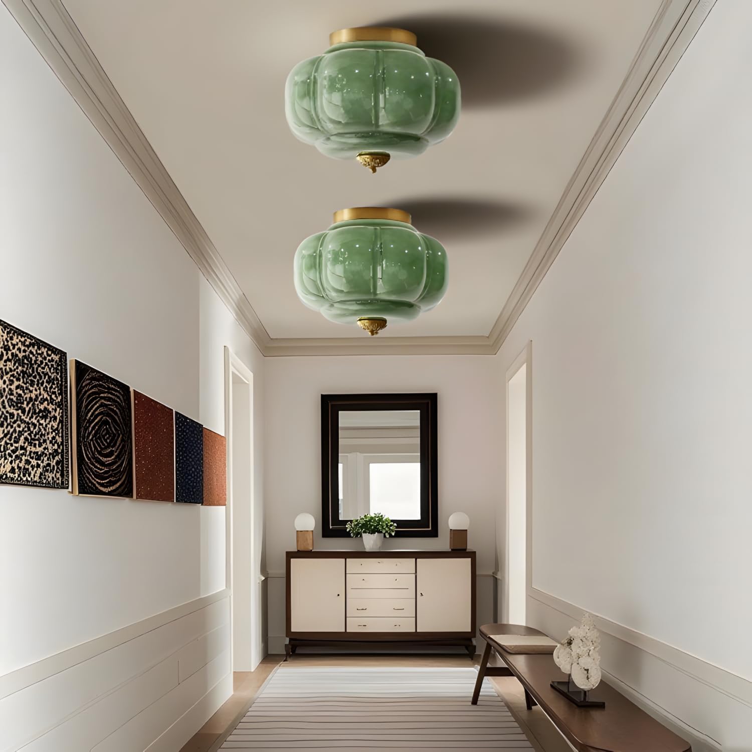 Bofea-Mid Century Semi Flush Mount Ceiling Light Fixture,Green Glass Hallway Light,Vintage Gold Ceiling Light,Antique Brass Lighting Fixture,Close to Ceiling Lamp for Kitchen Entryway Bathroom