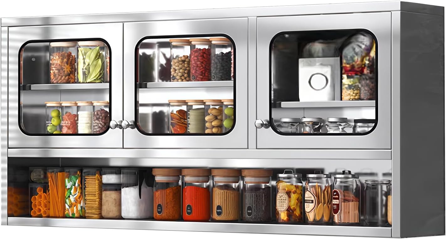 ZZV Kitchen Wall Cabinet, Stainless Steel Wall Mounted Cabinet with Adjustable Shelves, Industrial Wall Storage Cabinet for Garage, Warehouse, Commercial Kitchen, 8.66D x 45W x 27.56H in