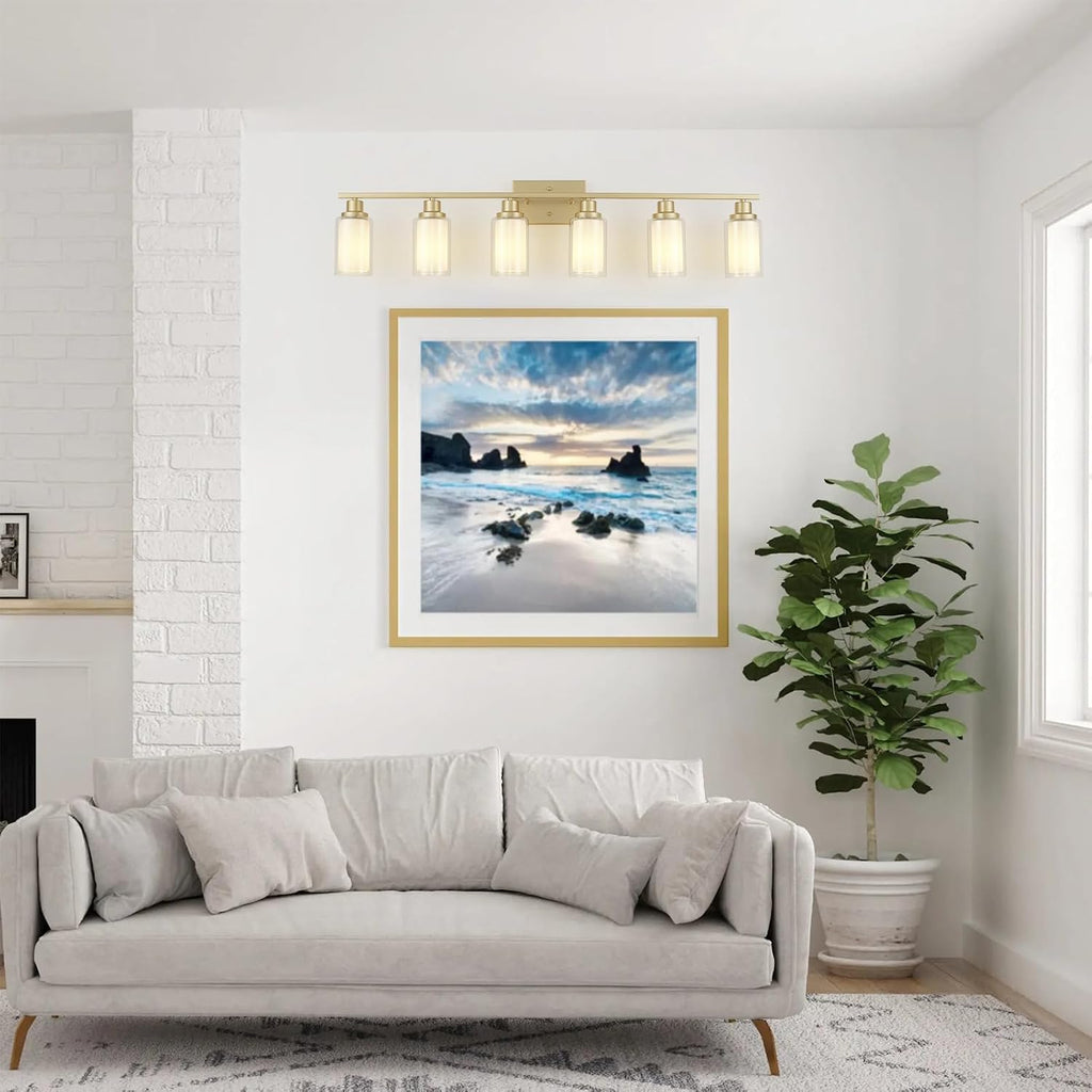 Jonsi Bathroom Vanity Light 6-Light Gold Vanity Lights 44.5' Bathroom Light Fixtures Over Mirror with Double Clear Glass Modern Wall Sconces for Living Room Hallway Bedroom