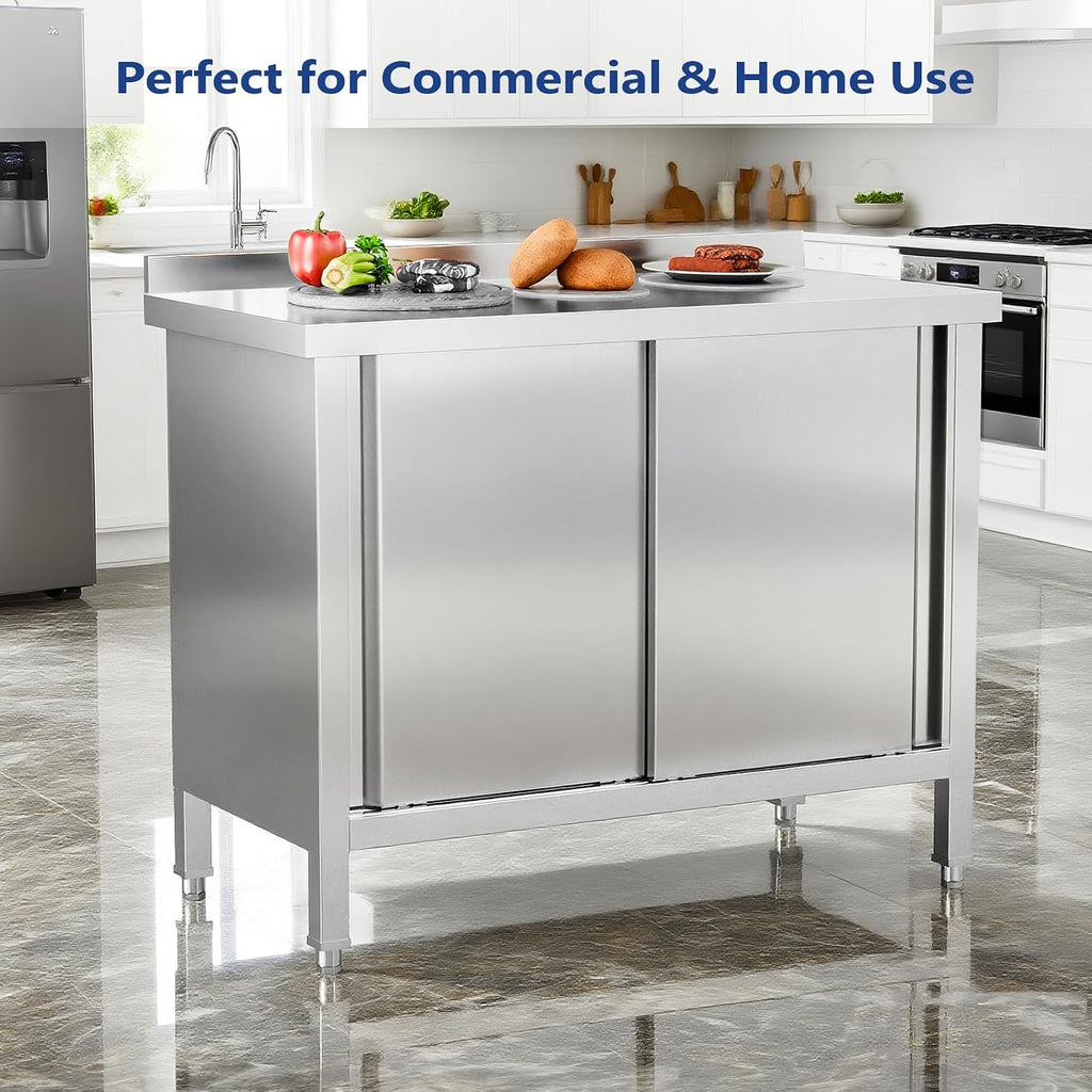 ROVSUN Commercial Heavy Duty Stainless Steel Prep Work Table with Backsplash & 2 Sliding Doors, Large Space Storage Cabinet, 39' x 19' Metal Table for Kitchen, Restaurant