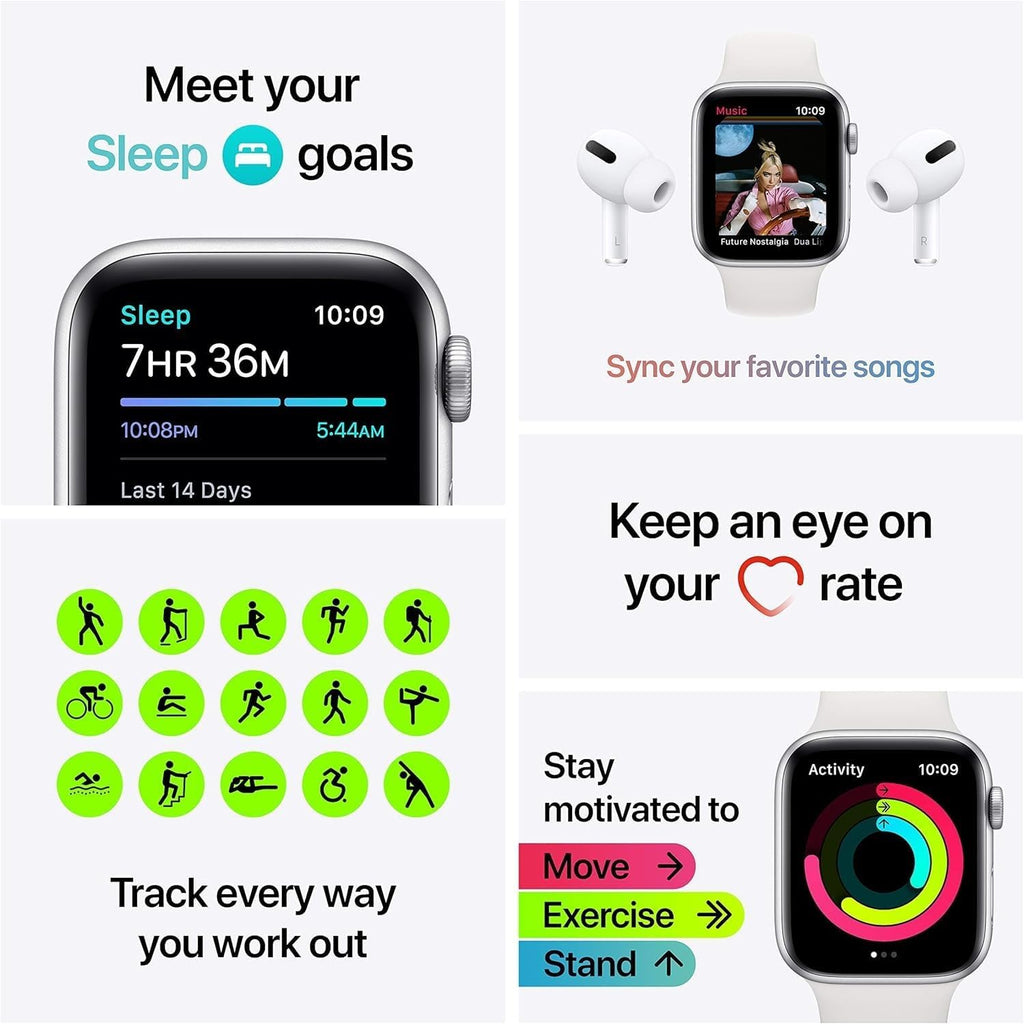 Apple Watch SE (2nd Gen) (GPS, 44mm) - Silver Aluminum Case with White Sport Band, S/M (Renewed)
