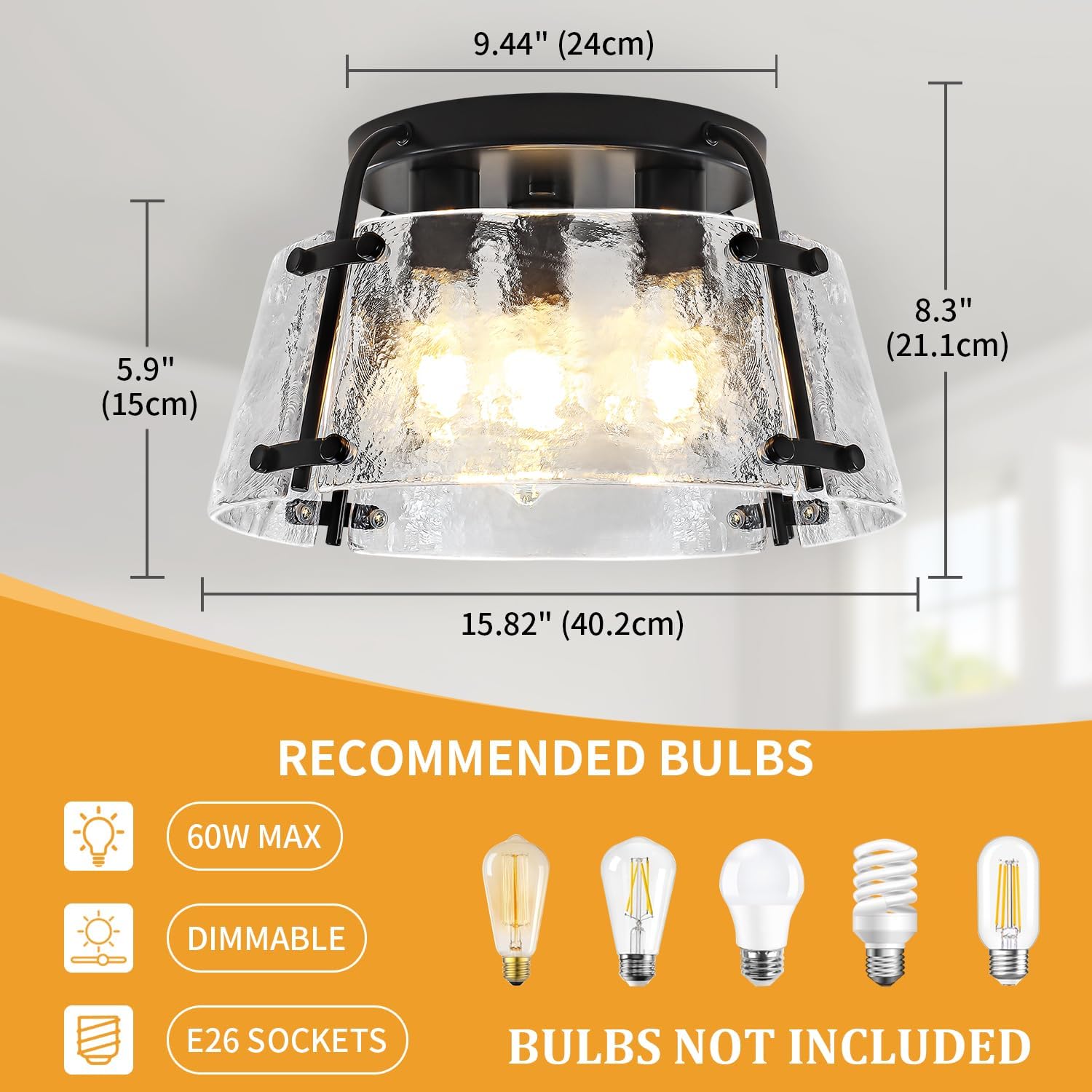 Modern Semi Flush Mount Ceiling Light, 3-Light Black Kitchen Light Fixtures Thick Hammered Glass Close to Ceiling Lights for Hallway Entryway Dining Room Bedroom Bathroom Laundry Room