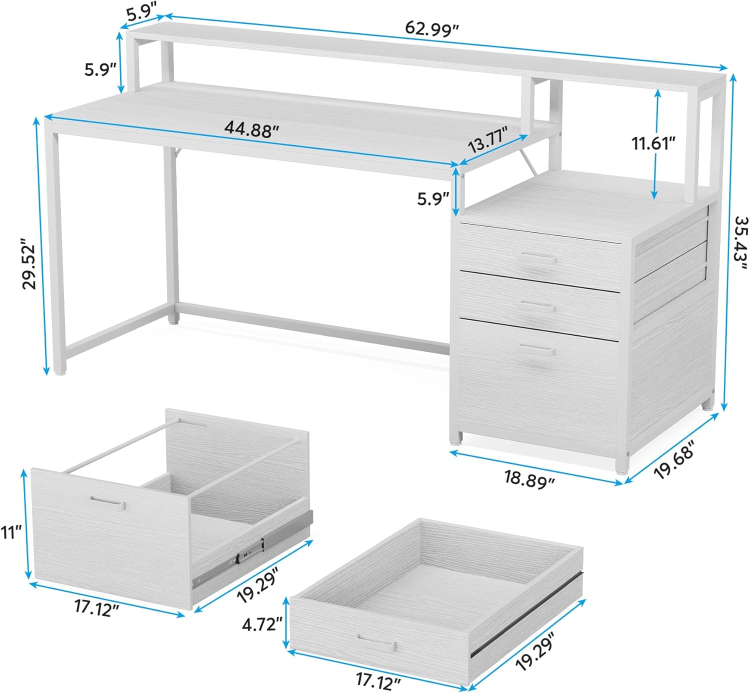 LITTLE TREE 63 Inch Computer Desk with File Drawer Cabinet, Home Office Desks with Ergonomic Monitor Stand