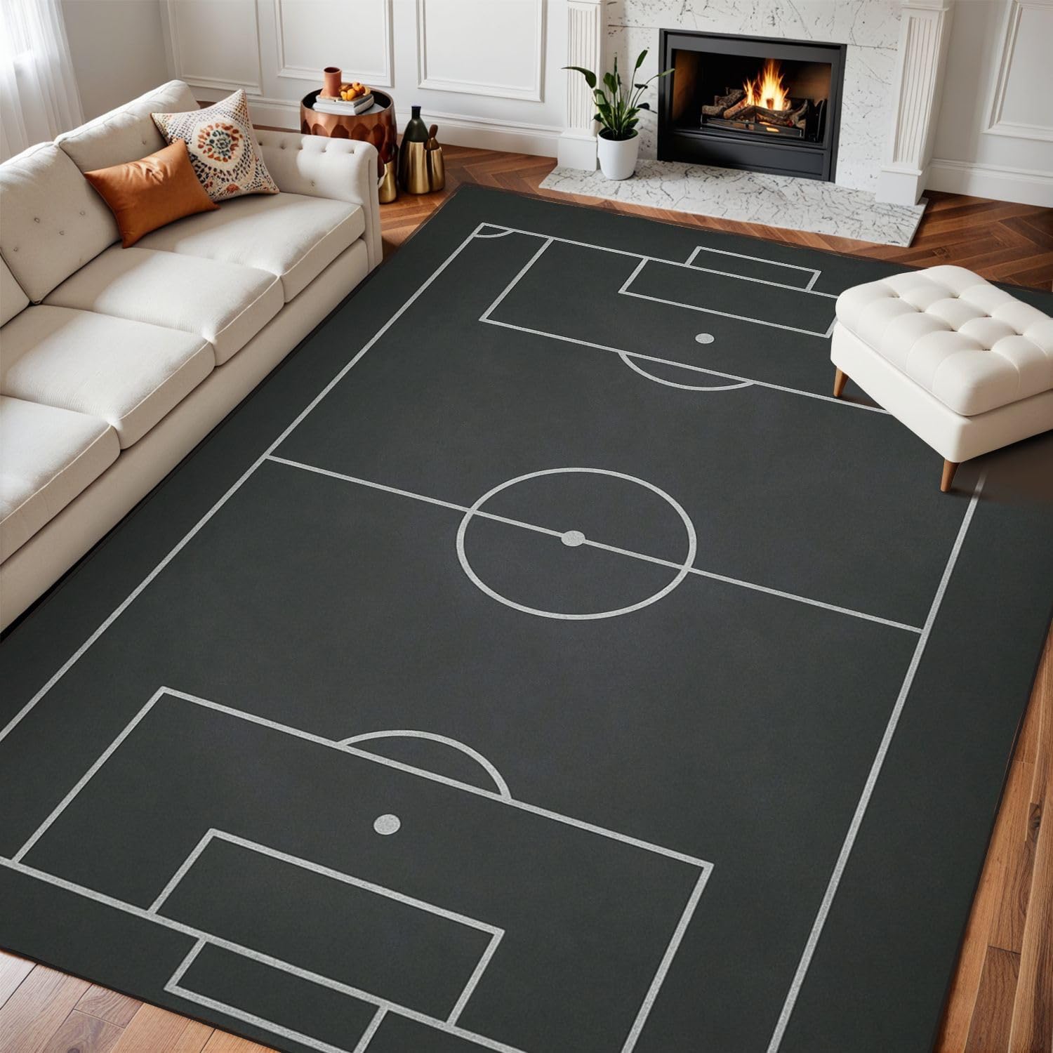 8x10 Area Rugs for Bedroom Boho Washable Rug for Living Room Soccer Field chalked Blackboard Football Stadium Painted Carpet for Dining Room Soft Rubber Backed Non-Slip Carpets for Bedroom Office